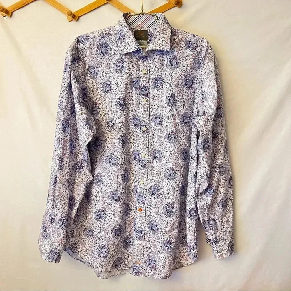Thomas Dean TD White Blue Paisley Print Shirt Size XL Cotton